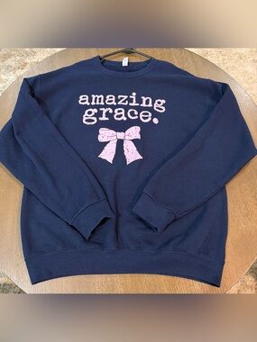 Jerzees Navy Sweatshirt with Pink "Amazing Grace" Bow